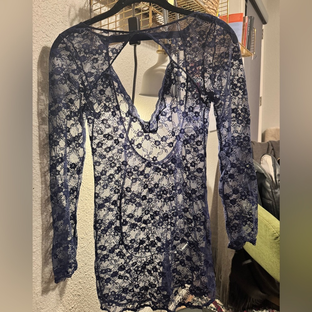 Victorias Secret Navy Blue Sheer Lace Long Sleeve Mini Dress, small